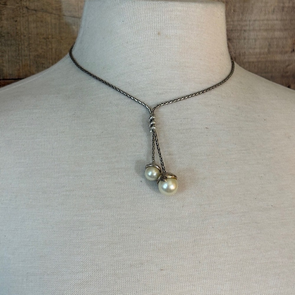Brighton Silver Tone Faux Pearl Lariat Y-Necklace Wheat Chain Heart Charm